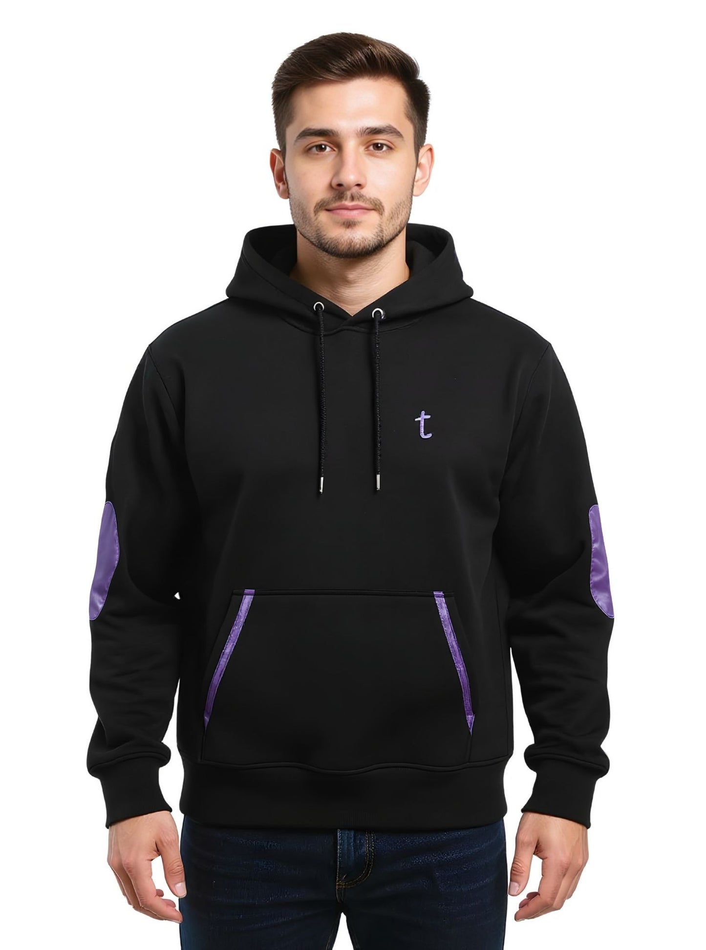 Deri-Pamuk Kapşonlu Mor Renk Deri Siyah Renk Soft Sweatshirt,Toskana Design