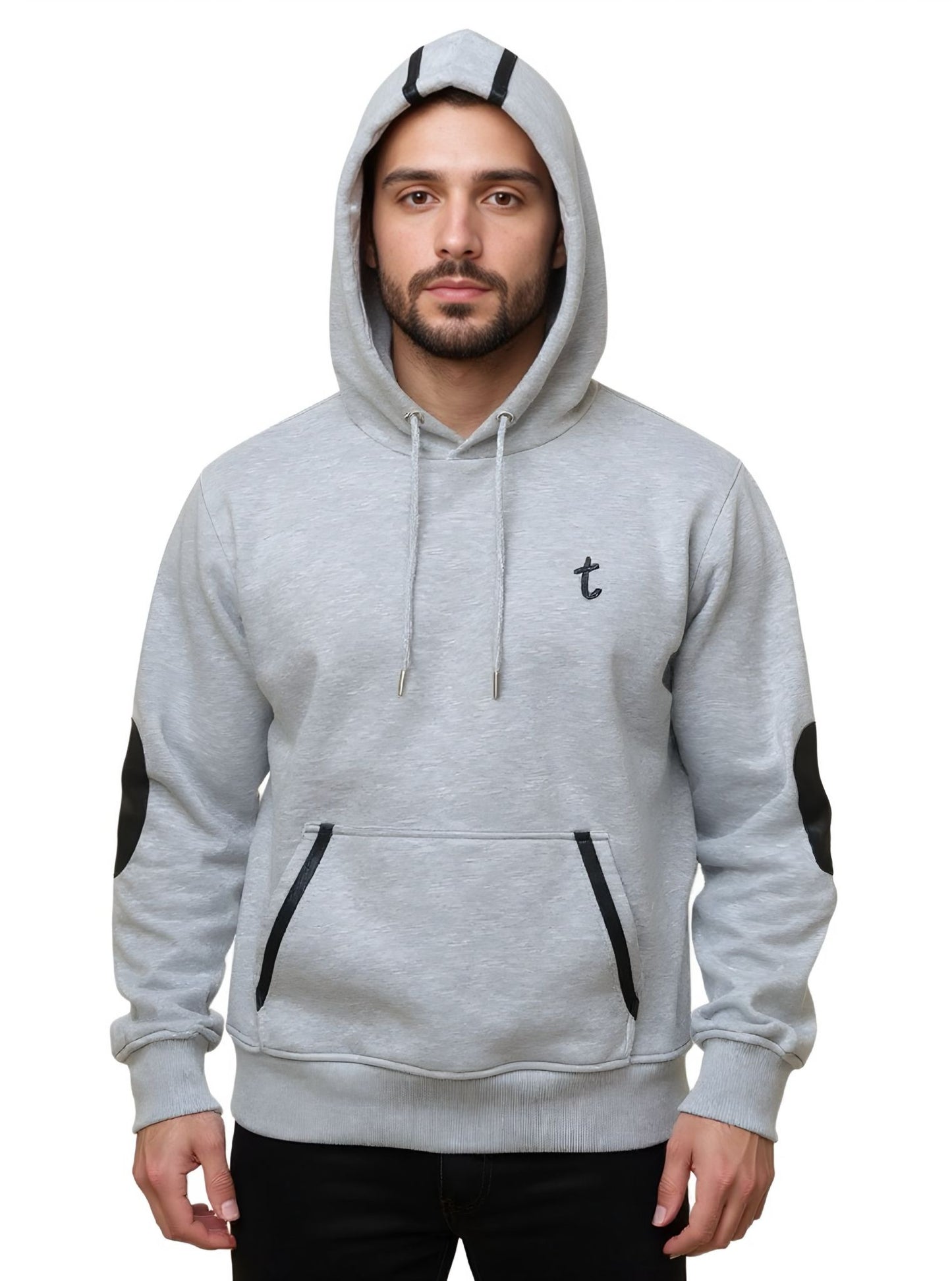 Deri-Pamuk Kapşonlu Siyah Renk Deri Gri Renk Soft Sweatshirt,Toskana Design