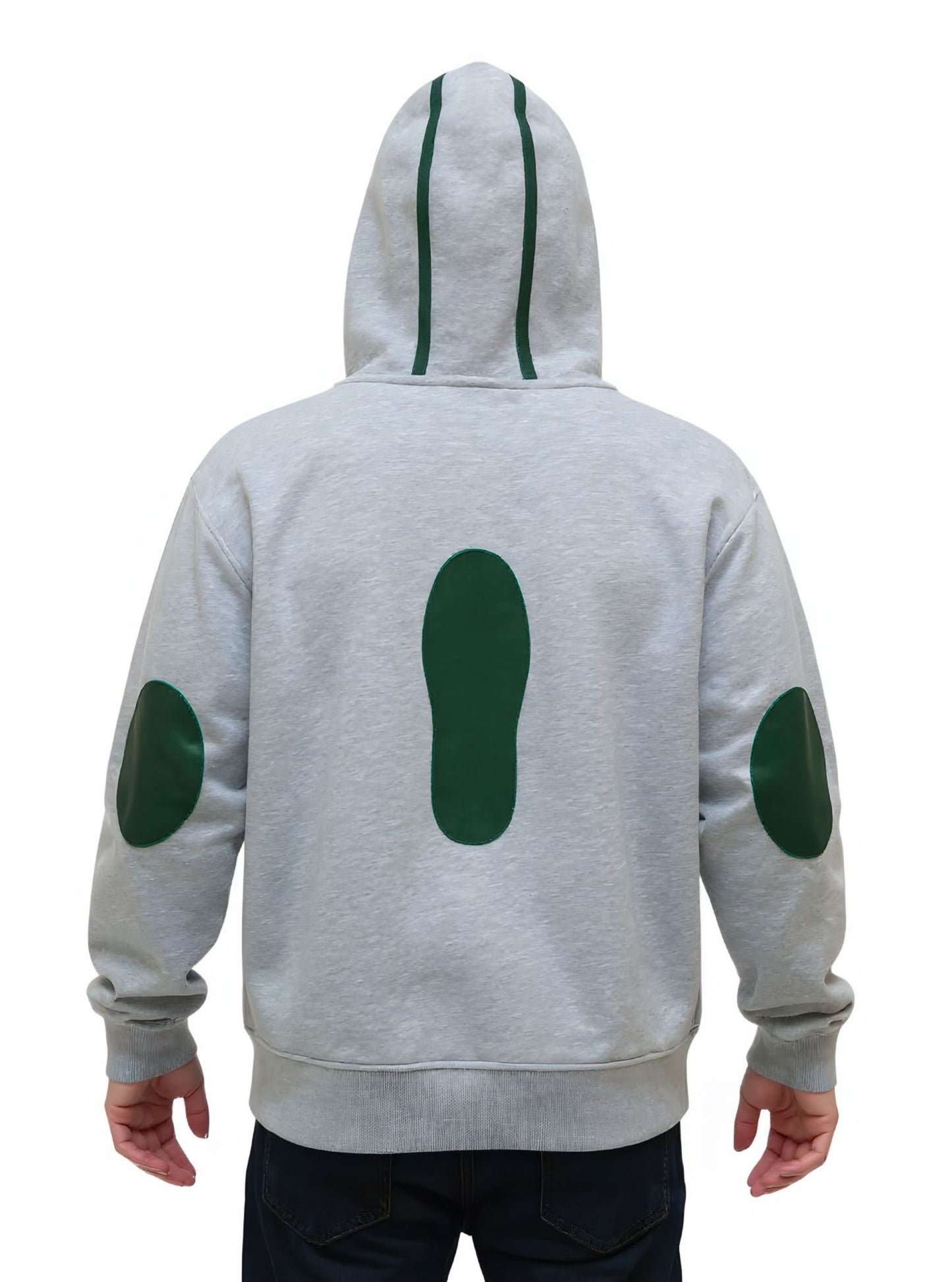 Deri-Pamuk Kapşonlu Fermuarlı Yeşil Renk Deri Gri Renk Soft Sweatshirt,Toskana Design