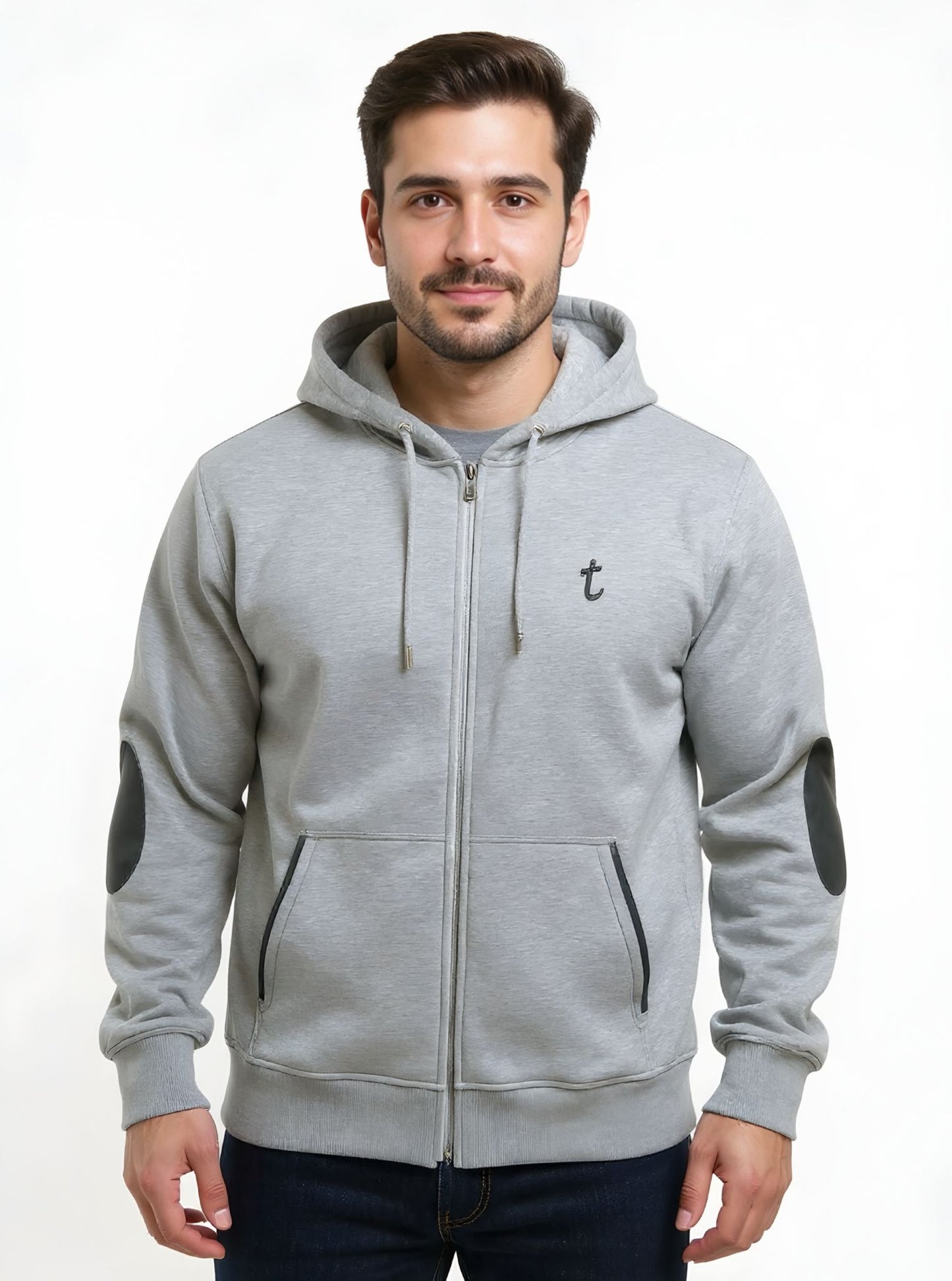 Deri-Pamuk Kapşonlu Fermuarlı Petrol Renk Deri Gri Renk Soft Sweatshirt,Toskana Design