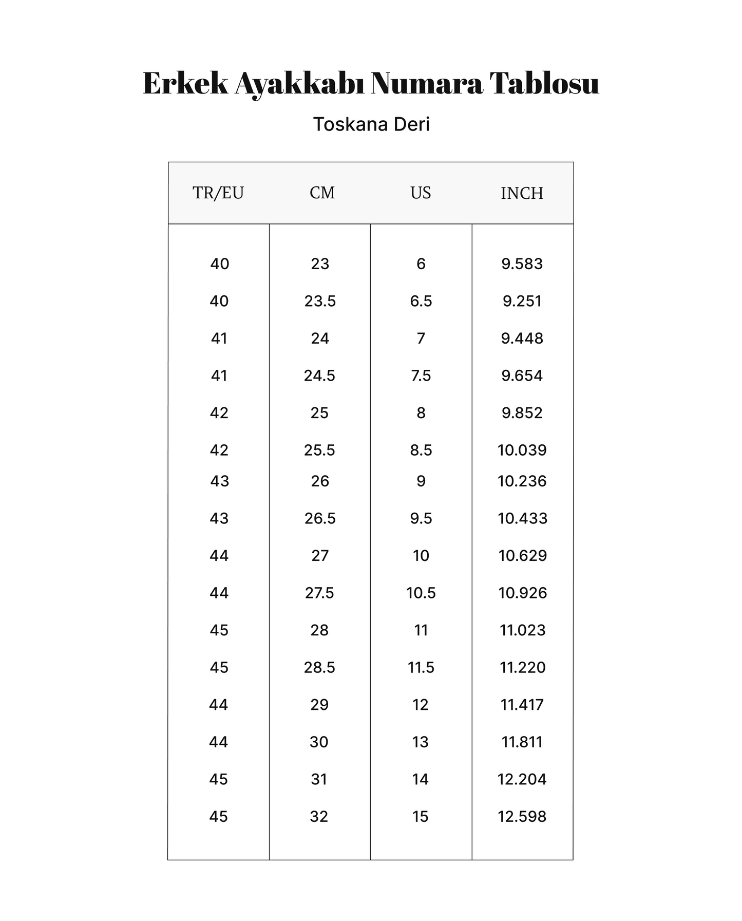 Toskana Design - Deri Sneaker -Style Stadyum 300-102 Ölçü TABLOSU