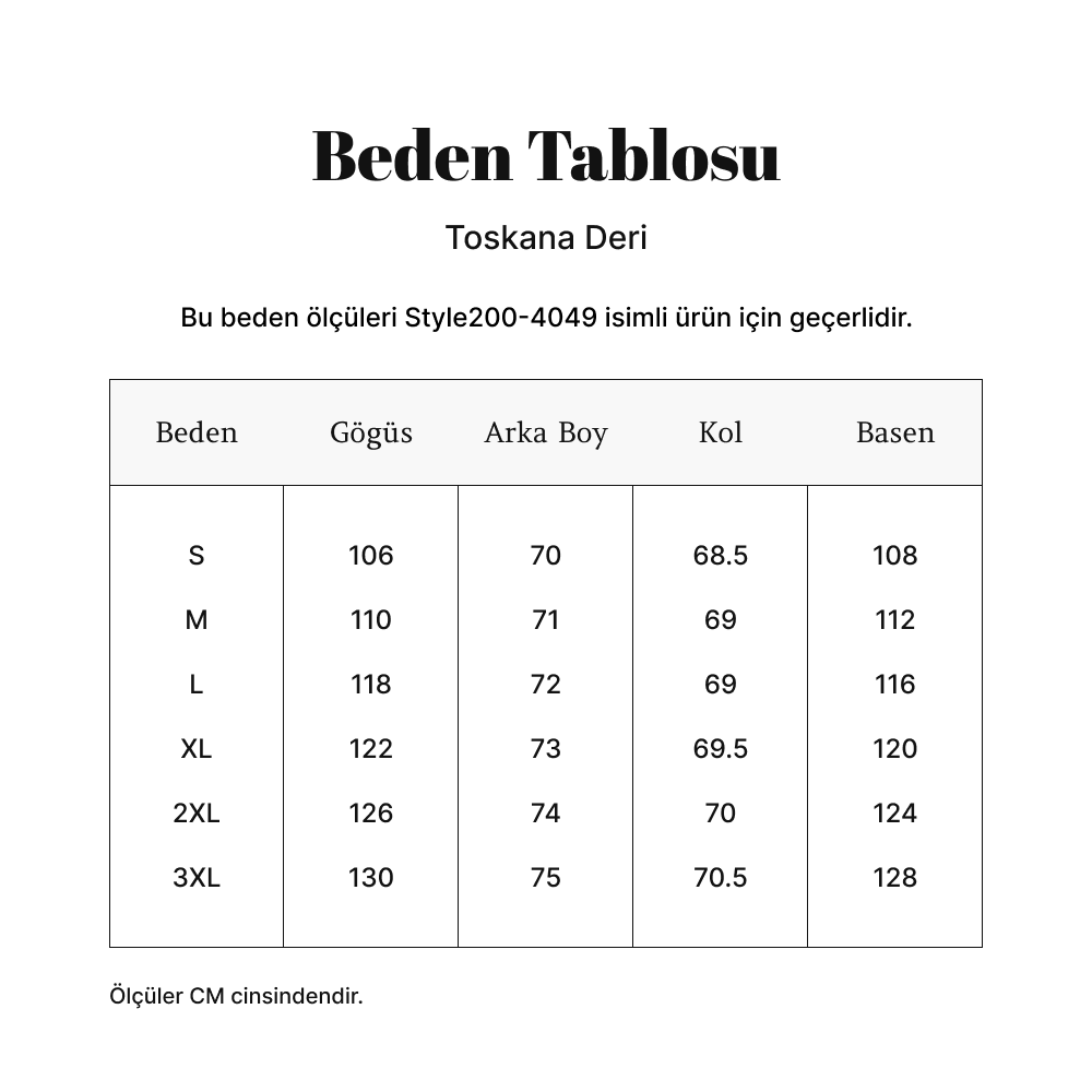 Toskana Design Sarı Lacivert Fermuarlı Uniseks Deri Ceket Style 200-414 ölçü tablosu