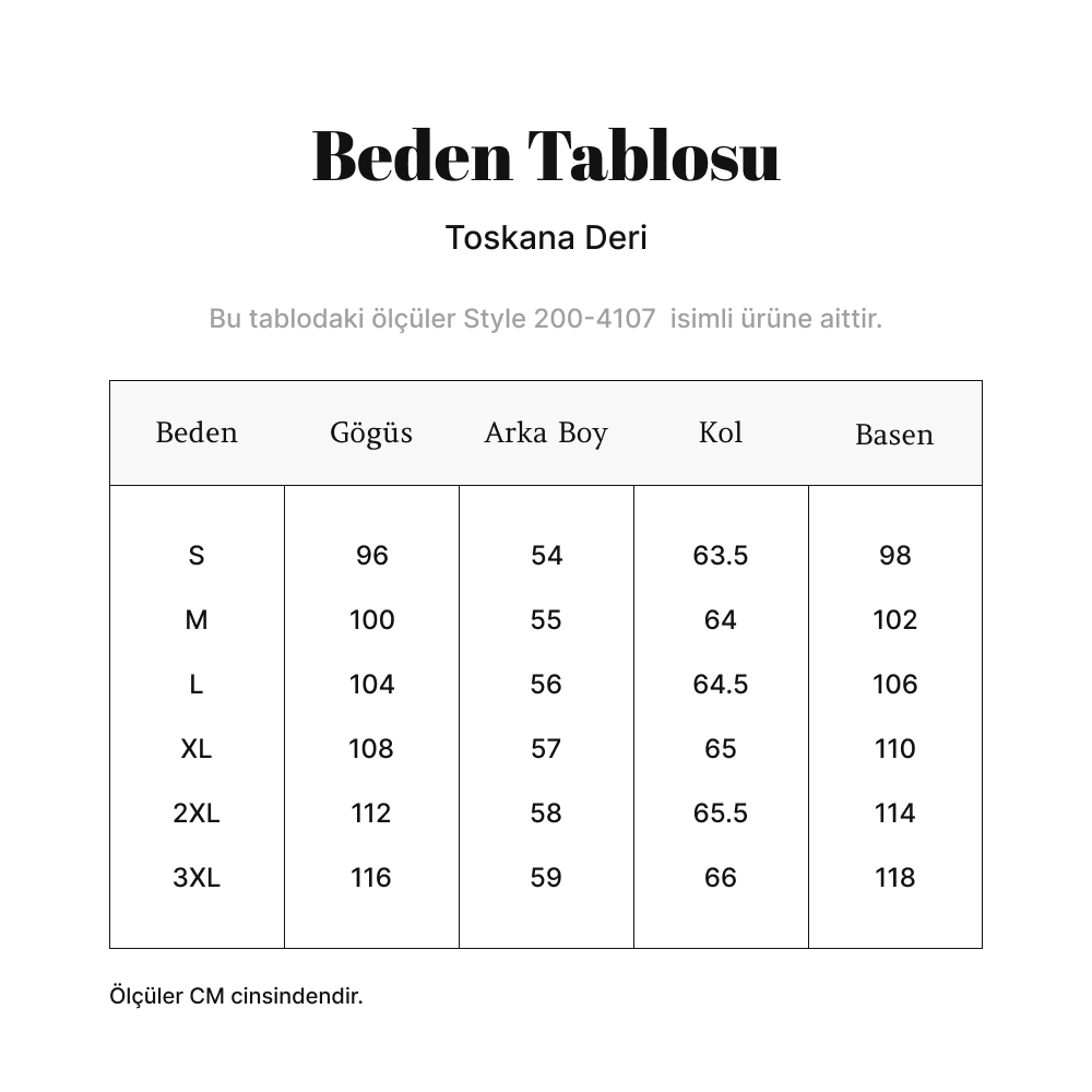 Toskana Design Beyaz Düğmeli Kısa Kadın Deri Ceket Style 200-4107 ölçü tablosu