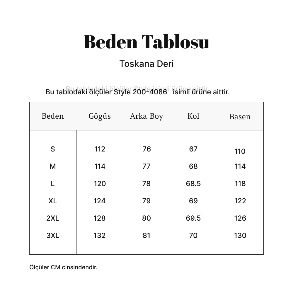 Toskana Design Siyah Erkek Blazer Deri Ceket Style 200-4086 ölçü tablosu
