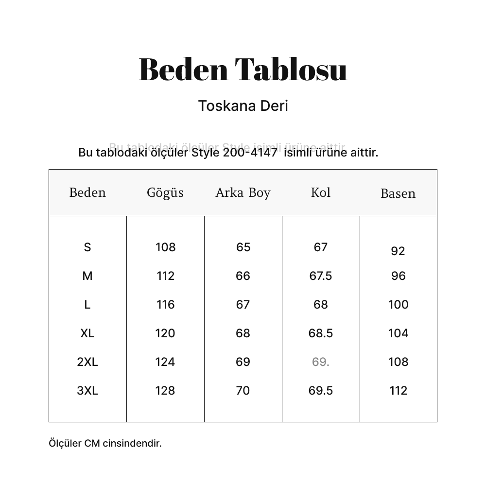 Toskana Design Siyah Beyaz Fermuarlı ı Uniseks Deri Ceket Style 200-4147 Ölçü tablosu