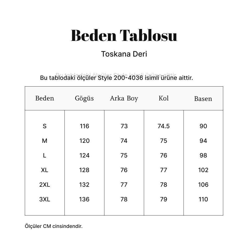 Kırmızı Fermuarlı Erkek Puffer Deri Ceket Style 200-4036 ölçü tablosu