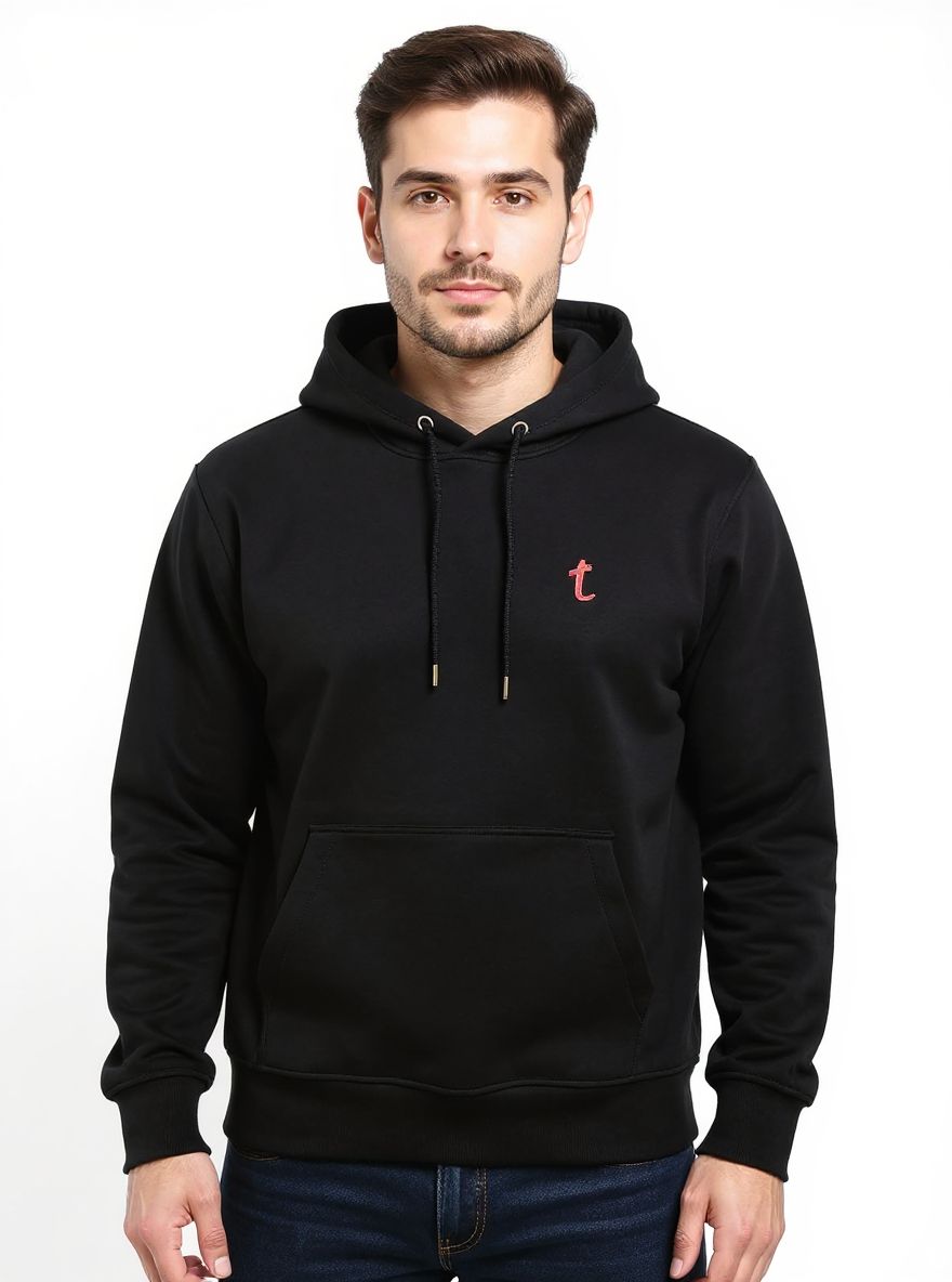 Deri-Pamuk Kapşonlu Siyah Renk Soft Sweatshirt,Toskana Design