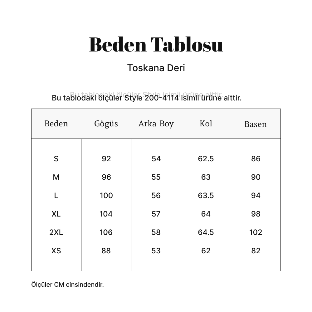 Toskana Design Siyah Kapüşonlu Çift Taraflı Fermuarlı Kadın Deri Ceket Style 200-4114  ölçü tablosu