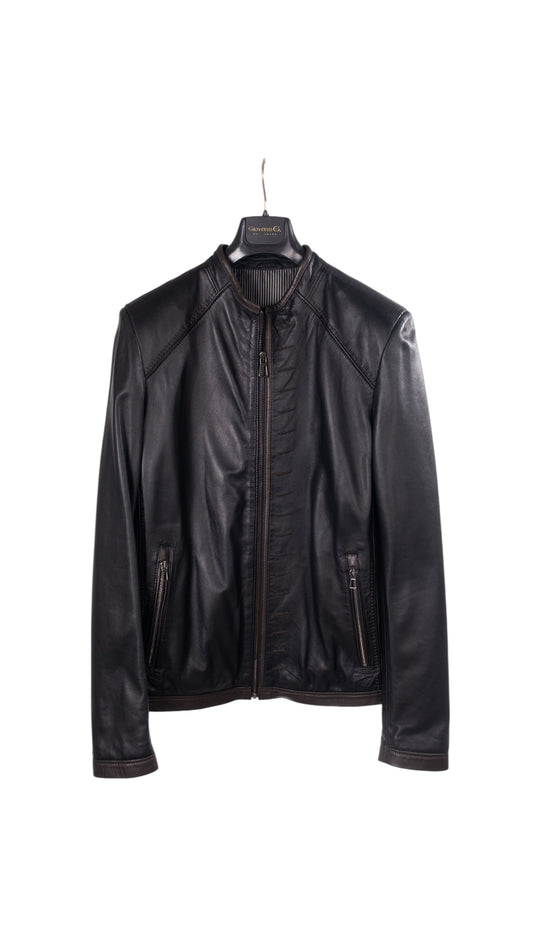 Siyah Renk Fermuarlı Yuvarlak Yaka Erkek Deri Ceket  Style 200-4069