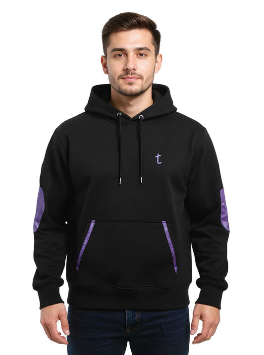 Deri-Pamuk Kapşonlu  Mor Renk Deri Siyah Renk Soft Sweatshirt,Toskana Design