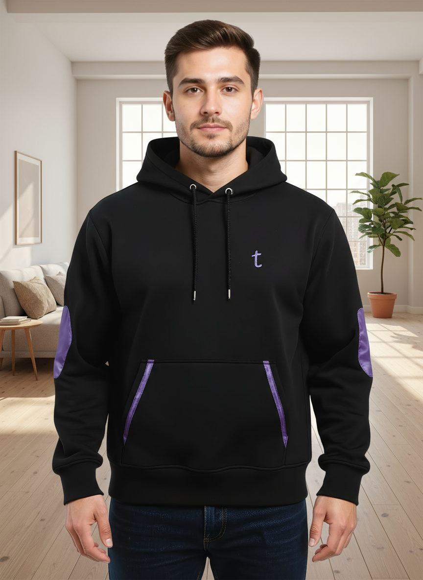 Deri Detaylı Kapşonlu Sweatshirt - Siyah Renk | Toskana Design