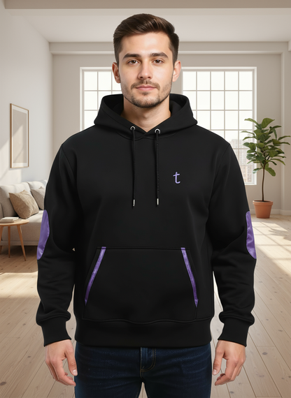 Deri Detaylı Kapşonlu Sweatshirt - Siyah Renk | Toskana Design