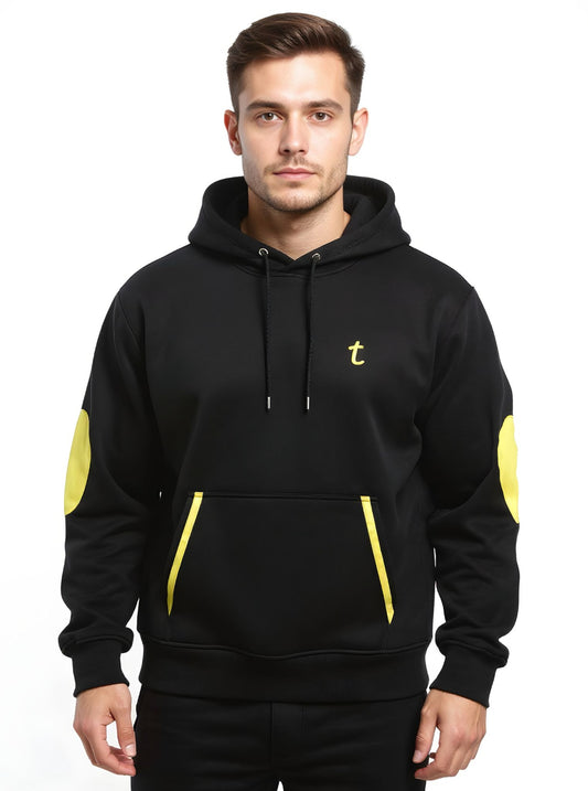 Deri-Pamuk Kapşonlu Sarı Renk Deri Siyah Renk Soft Sweatshirt,Toskana Design
