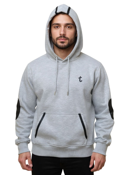 Deri-Pamuk Kapşonlu Siyah Renk Deri  Gri Renk Soft Sweatshirt,Toskana Design