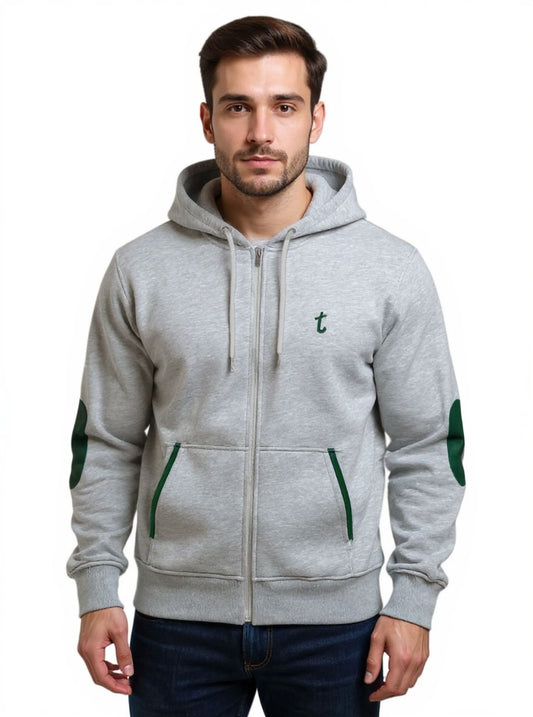 Deri-Pamuk Kapşonlu Fermuarlı Yeşil Renk Deri Gri Renk Soft Sweatshirt,Toskana Design