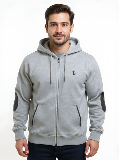 Deri-Pamuk Kapşonlu Fermuarlı Petrol Renk Deri Gri Renk Soft Sweatshirt,Toskana Design