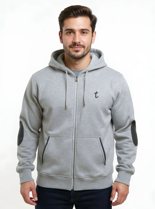 Deri-Pamuk Kapşonlu Fermuarlı Petrol Renk Deri Gri Renk Soft Sweatshirt,Toskana Design
