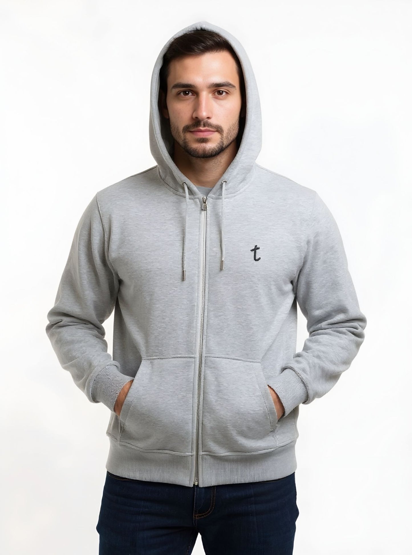Deri-Pamuk Kapşonlu Fermuarlı Gri  Renk Soft Sweatshirt,Toskana Design