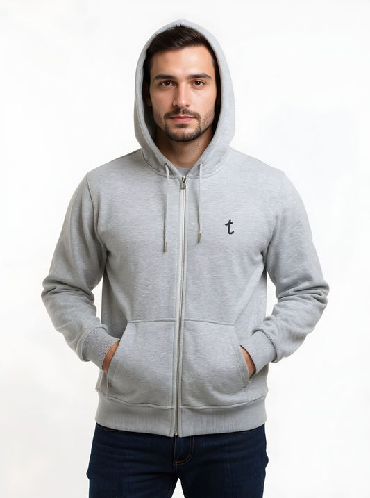 Deri-Pamuk Kapşonlu Fermuarlı Gri  Renk Soft Sweatshirt,Toskana Design