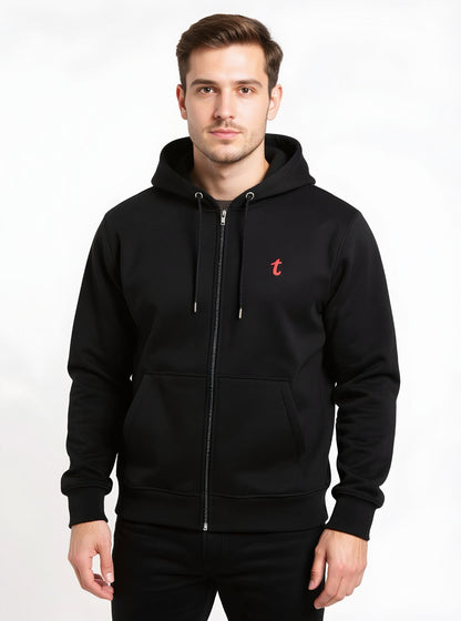 Deri-Pamuk Kapşonlu Fermuarlı  Siyah Renk Soft Sweatshirt,Toskana Design