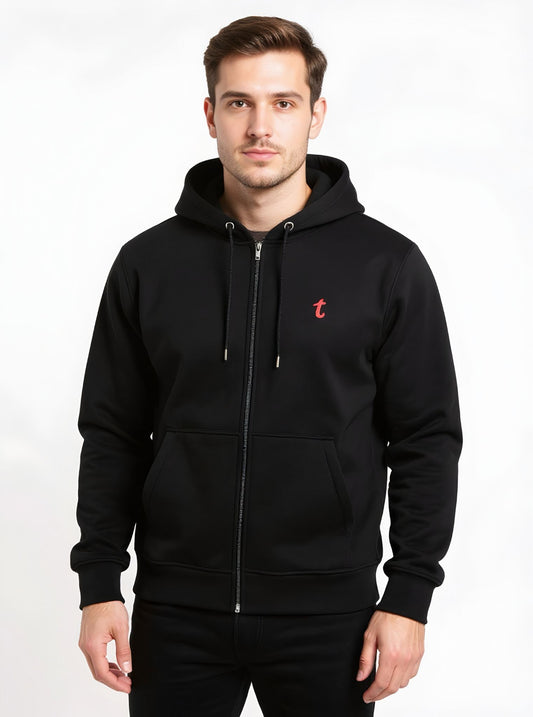 Deri-Pamuk Kapşonlu Fermuarlı  Siyah Renk Soft Sweatshirt,Toskana Design