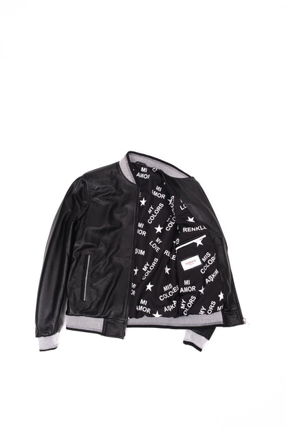 Toskana Design Siyah Beyaz Fermuarlı ı Uniseks Deri Ceket   Style 200-4147