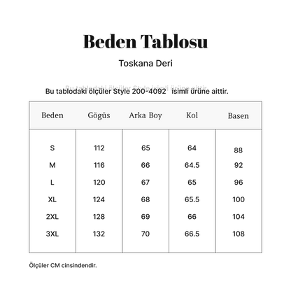 Toskana Design Siyah Çıkarılabilir Kapüşonlu Erkek Deri Mont Style 200-4092  ölçü tablosu