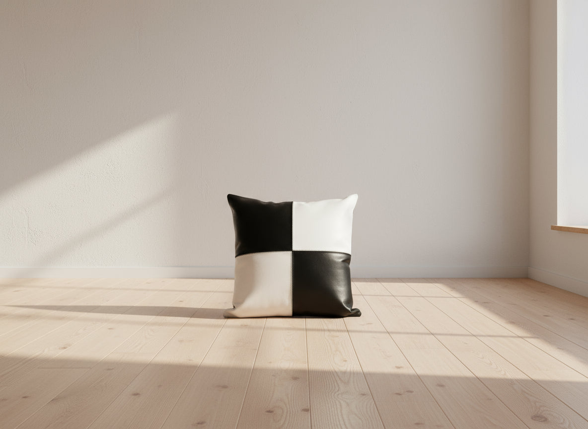 Siyah Beyaz Hakiki Deri Kırlent/Minder/Yastık  Style 16103/SB