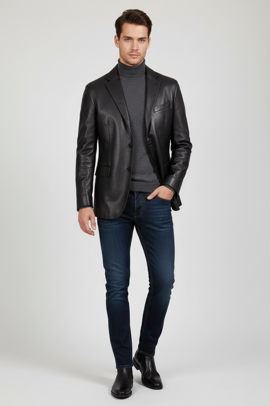 Toskana Siyah Erkek Blazer Deri Ceket - Model Görseli