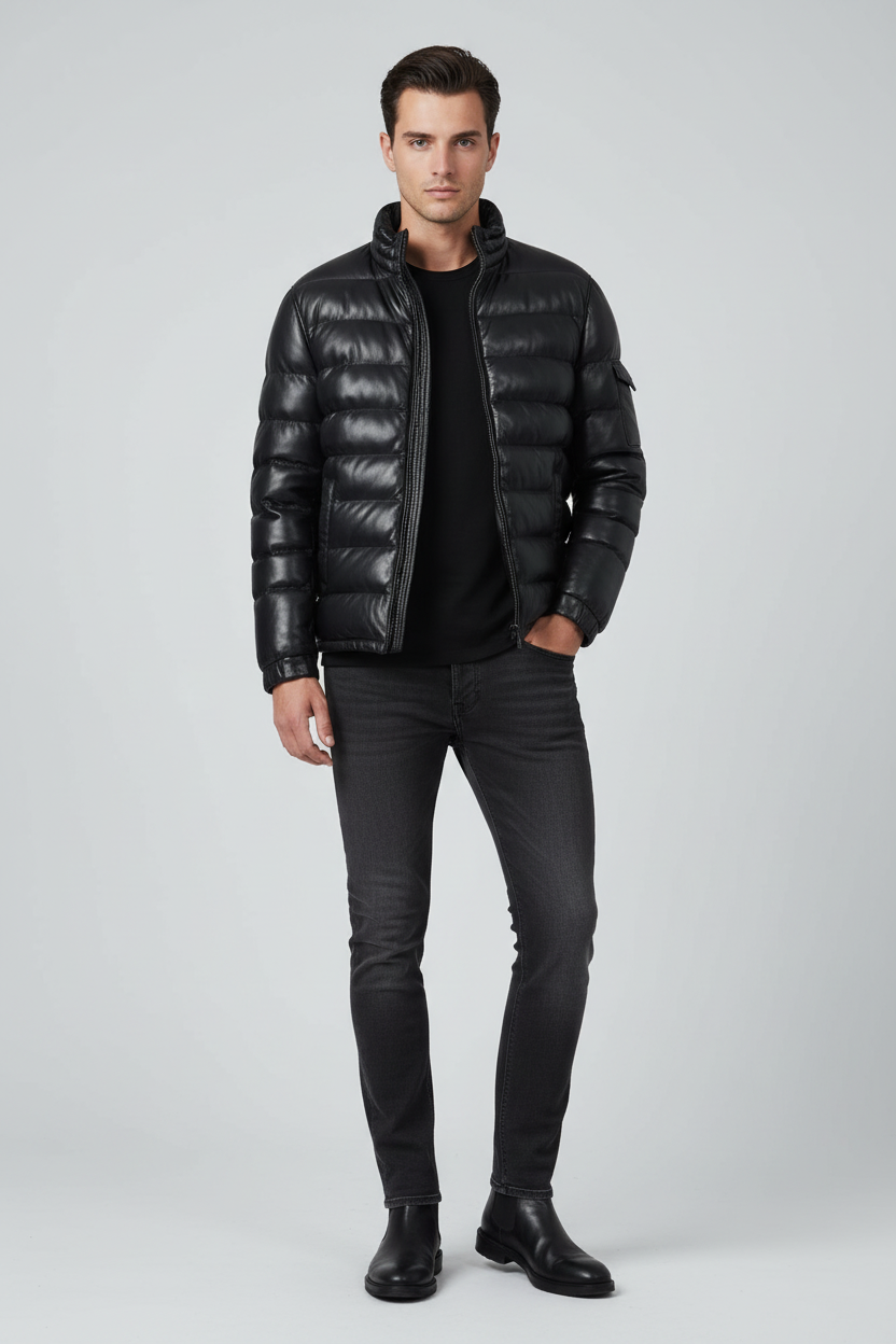 Toskana Siyah Erkek Puffer Deri Kaban - Model Görseli